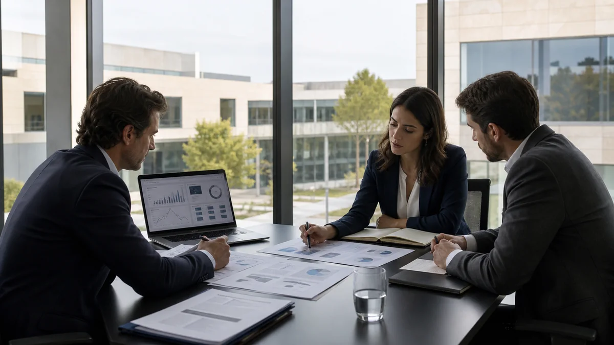 Equipa empresarial a analisar métricas e documentação antes de apresentar um projeto a investidores