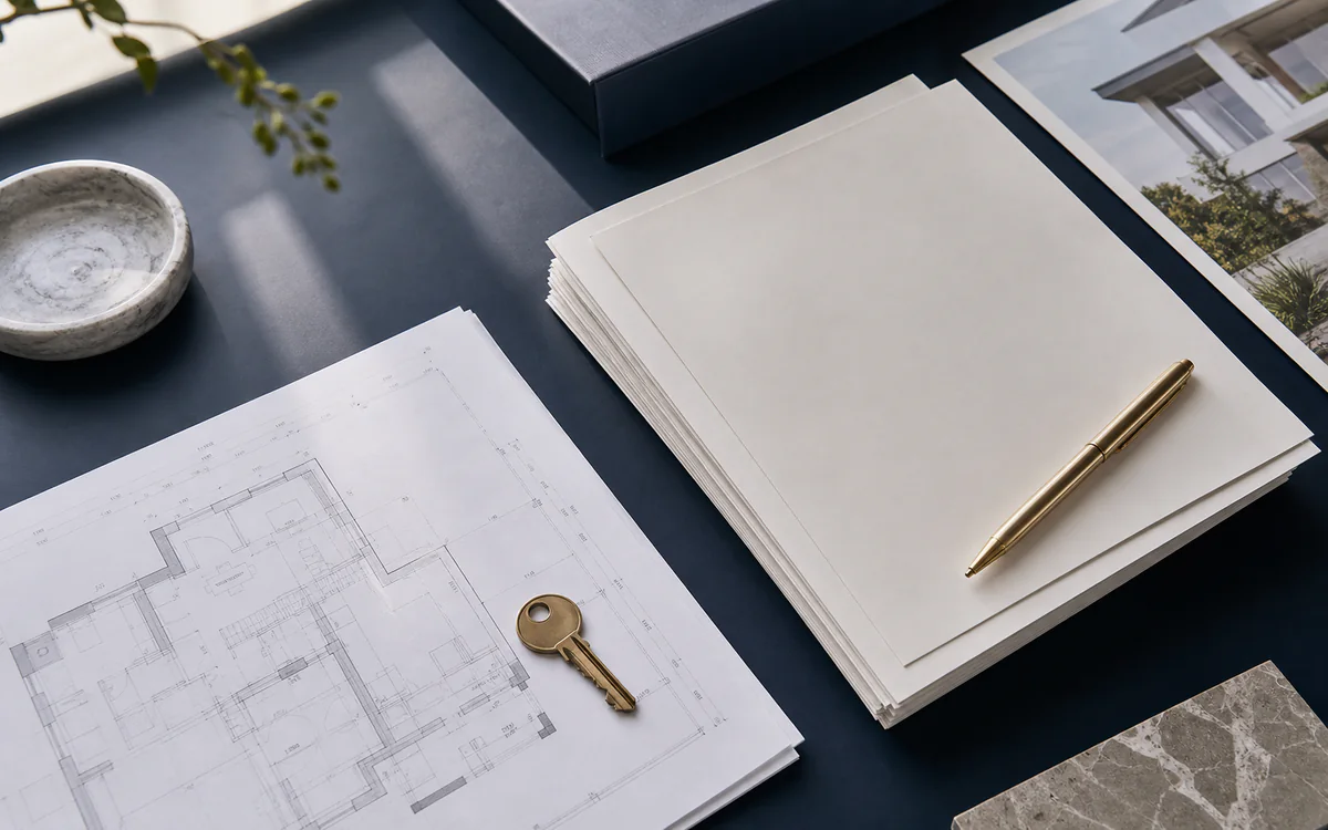 Documentos, planta e chave preparados para uma transação imobiliária